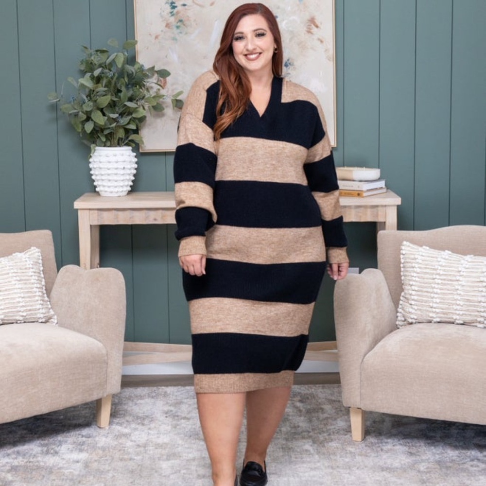 First Love Striped Black and Tan Sweater Dress